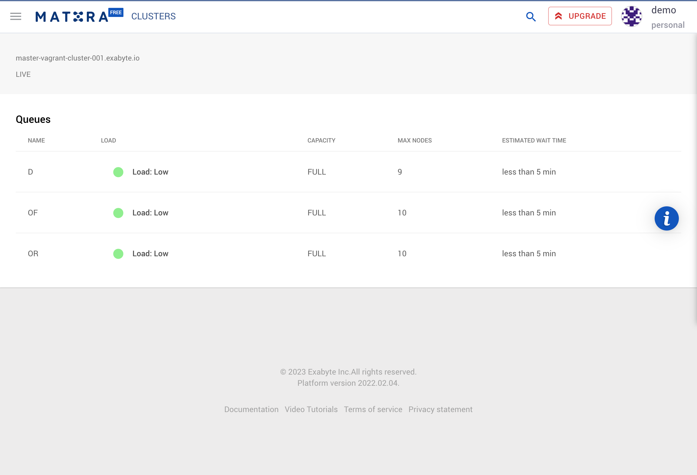 Clusters table page ClustersTable