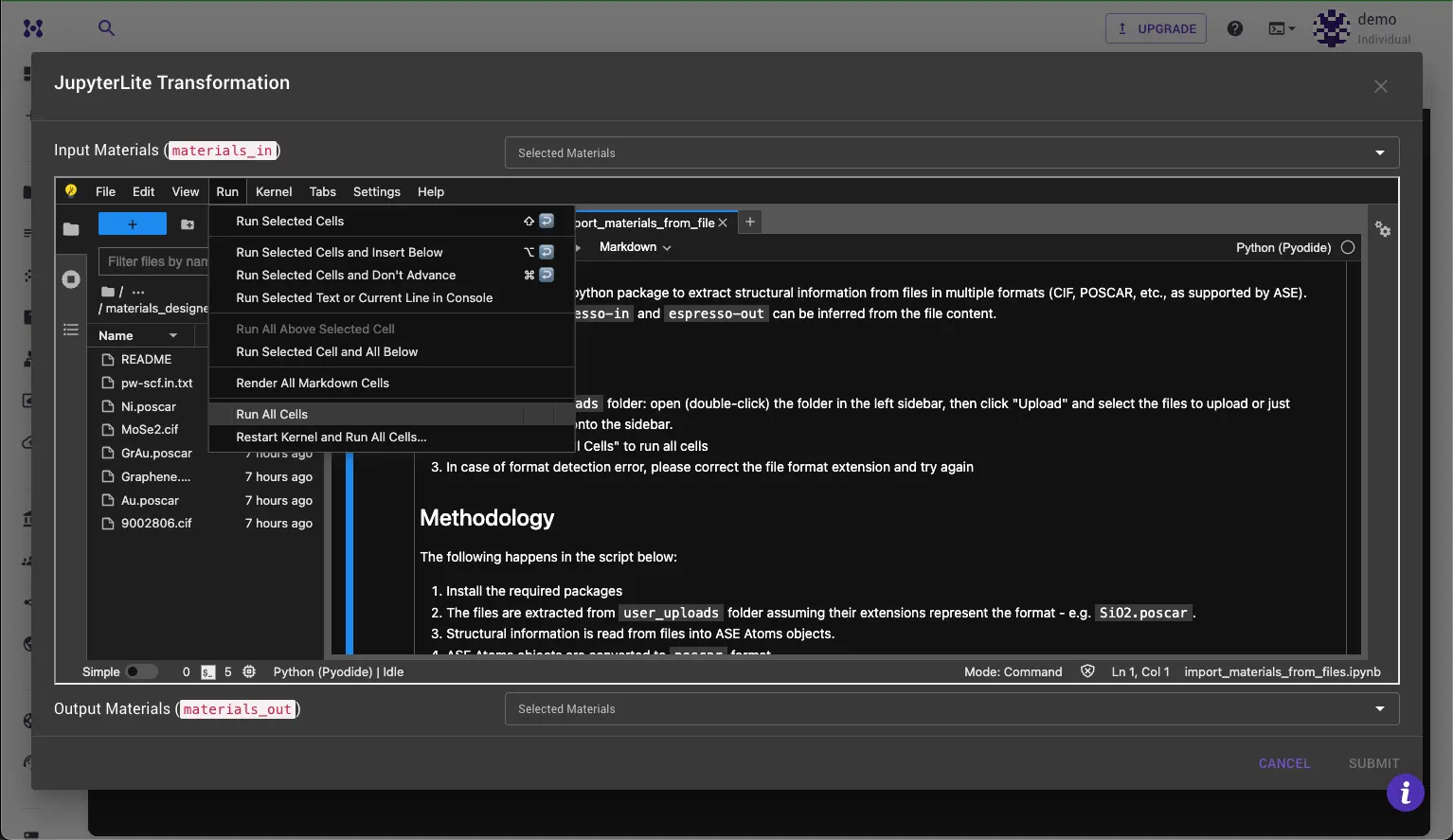 Run Notebook JupyterLite session with Run menu open