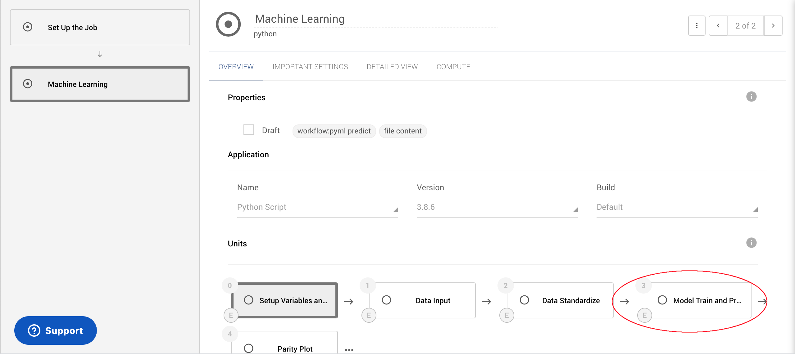Workflows tab with ml train subworkflow and train unit circled Workflows tab with ml train subworkflow and train unit circled